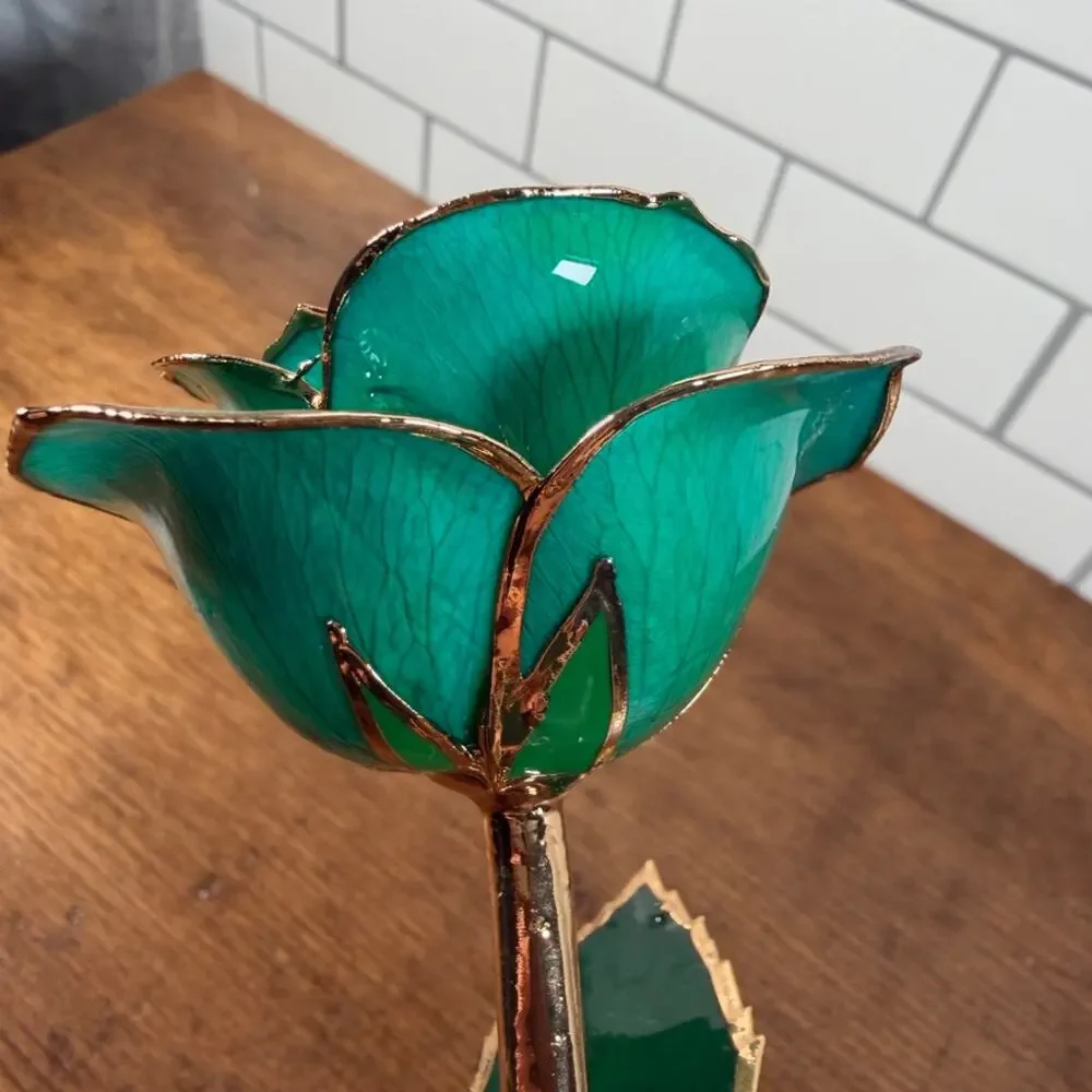 DeFaith 24k Gold Dipped Lacquered Green Rose with Acrylic Stand